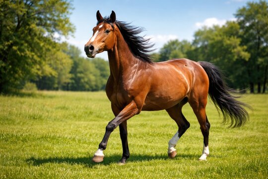 Cheerful pet horse trotting on fresh green grass lawn with full length view under clear summer skies