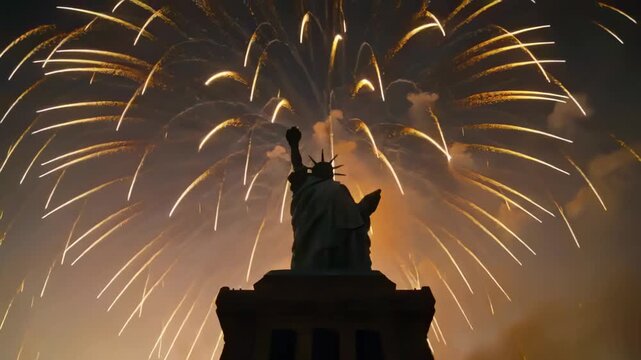 Launching golden shells behind Statue of Liberty, illuminating torch, crown spikes, celebrating