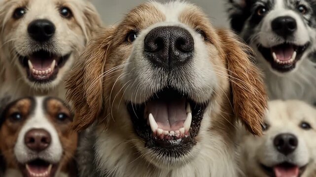 Collage of multiple happy diverse dogs panting looking at camera