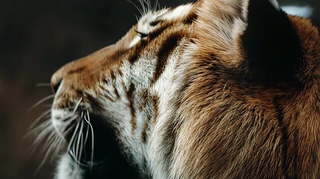 Extreme close up of wild tiger roaring and licking lips macro