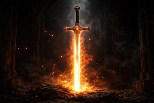 Glowing fiery silver sword displayed on a shadowy Gothic background inspired by medieval times