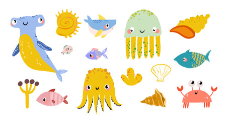 Underwater world characters set with crab hammerhead and octopus for baby birthday banners nursery wall stickers and educational books hand drawn cartoon illustration © Ilona