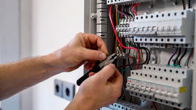 Skilled electrician installing wiring in industrial control panel - detailed professional view
