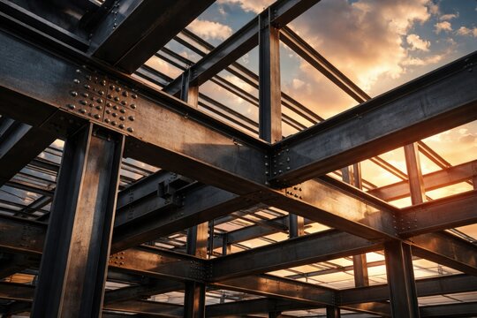 Exposed steel construction beams forming industrial architecture with a vibrant sky highlighting structural integrity
