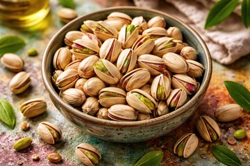 Obraz premium Fresh pistachios arranged in a bowl on a colorful table surface captured from above highlighting health