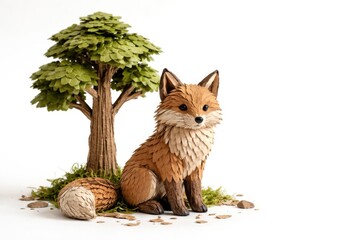 Fototapeta premium Handmade fox crafted from cardboard by tree on simple white background with copy space