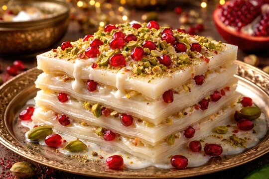 Corn starch sheet layered dessert with milk, pistachio, and fresh pomegranate for festival