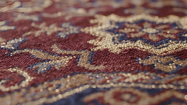 Closeup of an intricate Persian rug with detailed patterns and rich colors.