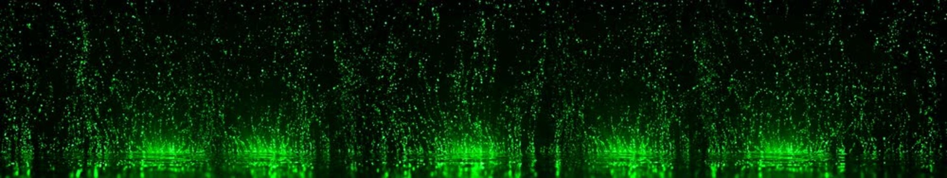 Green Particle Background on Black with Panoramic Sparkling Light Effect