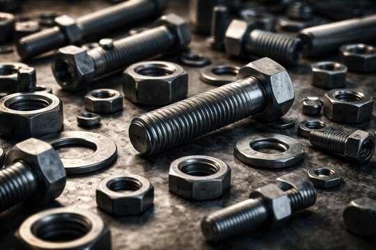 Detailed image of various metal nuts and bolts lying on a textured surface