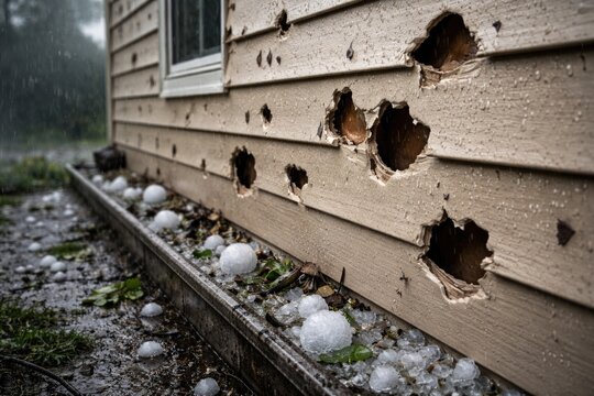 Close up of hailstorm damage on residential siding panels