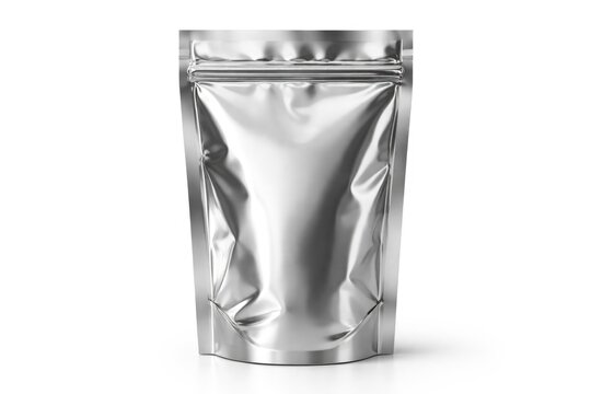 Isolated silver doypack pouch with zipper and polished reflective finish on white background