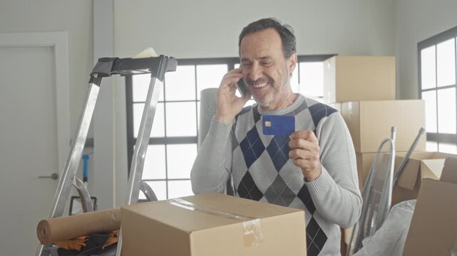 Man holds smartphone to ear and shows creditcard among packed boxes and ladder in a building; contentment.