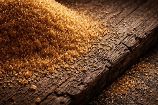 Granulated brown sugar spilling over weathered wooden plank showing rough texture