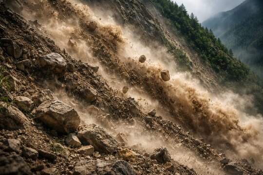 Gravity driven movement of earth and rock debris on a steep slope