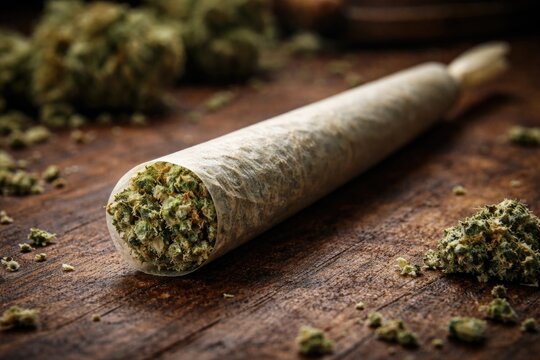 Close up of marijuana joint made from bud filled rolling paper on display