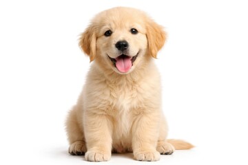 Obraz premium Cute Golden Retriever puppy at three months old with tongue out on white studio background