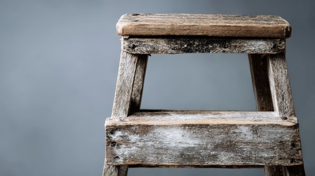 Rustic wooden step stool with weathered texture and neutral background
