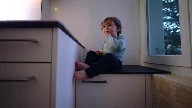 Toddler seated on kitchen counter eating apple snack near window, quiet moment of focus and independence reflecting natural childhood routine in everyday home environment