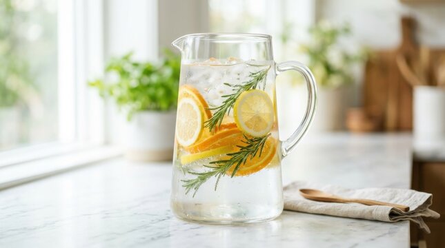 Refreshing infused water with citrus slices and herbs in a glass pitcher, perfect for a healthy lifestyle