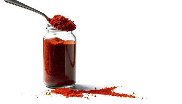 Hyperrealistic clear glass jar filled with vivid red powdered spice, metal spoon resting on top holding a small heap, scattered powder spilled onto clean white surface creating organic pattern, sharp 
