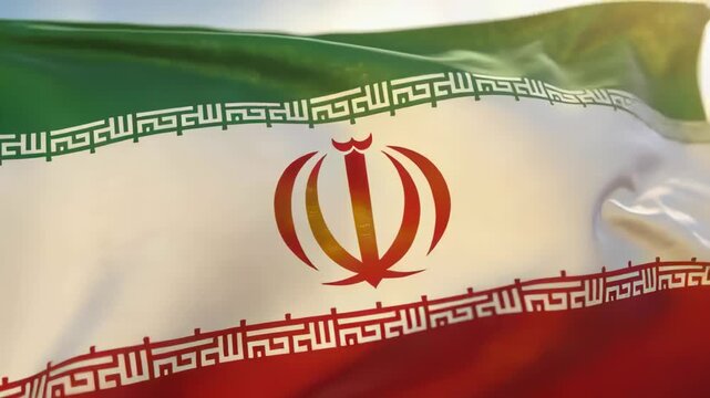 Waving large tricolor national flag rippling in park from light breeze, showing central red emblem