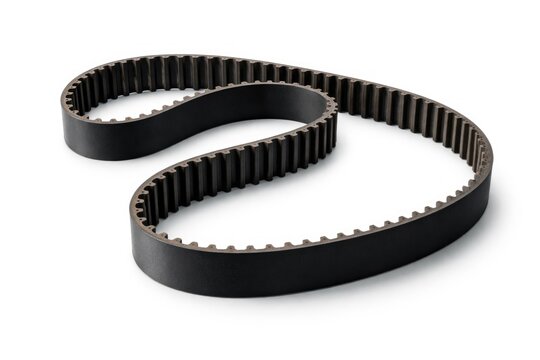 Isolated timing belt part from a vehicle engine on an uncluttered white background