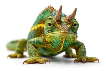 Fototapeta premium Jacksons horned chameleon facing forward with vivid scales on white surface