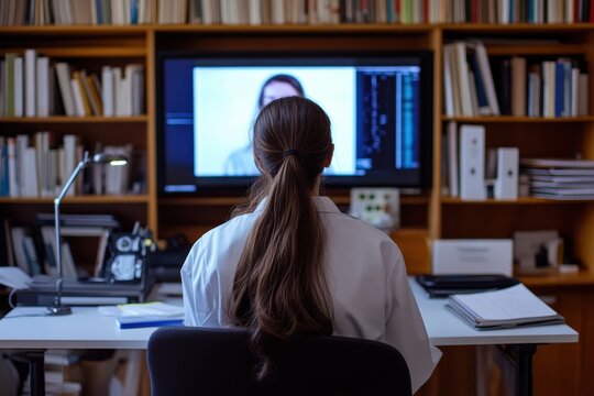 University student participates in remote lecture with study materials displayed at desk