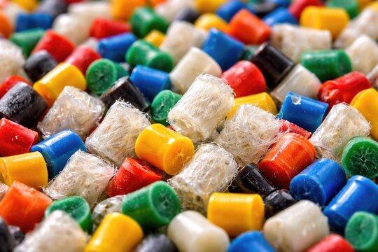 Colorful plastic pellets in close up containing fiberglass filled polypropylene natural resin for industrial use