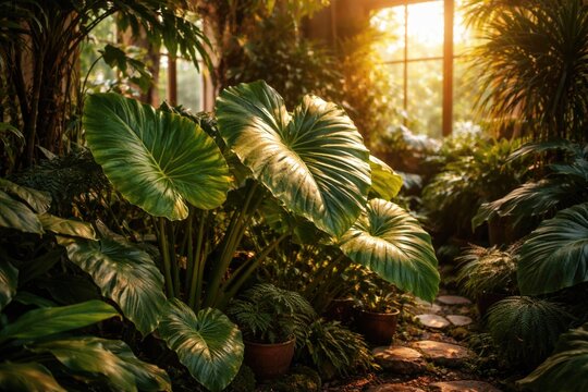 Lush tropical home jungle with bright evening sunlight shining on vibrant alocasia odora foliage