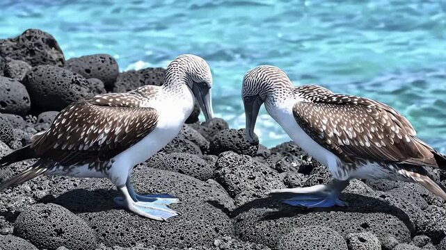 Blue-Footed Booby Birds Interacting on Rocky Shoreline With Turquoise Ocean Waves