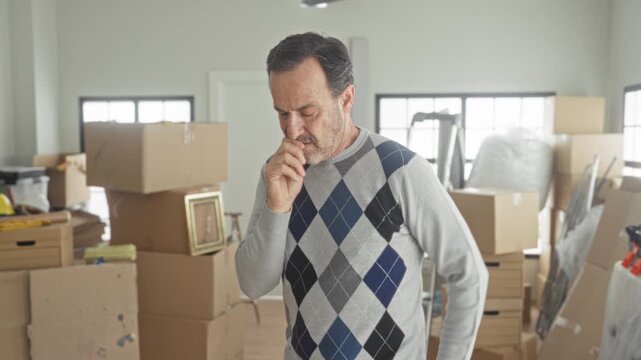 Man hand to mouth amid cardboard boxes in a building, pausing while unpacking; moving stress concern.