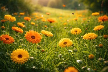 Obraz premium Cheerful calendula flowers playing amid a sprawling meadow and fresh green lawn