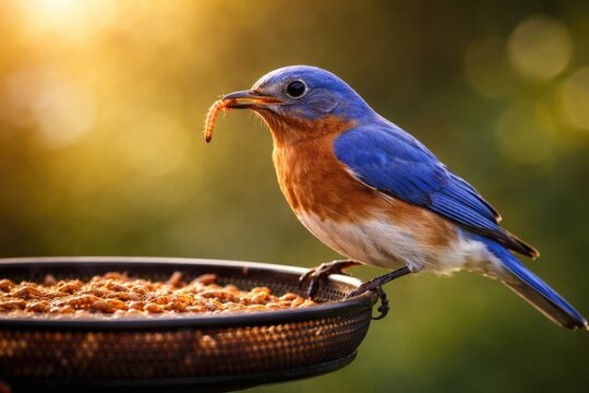 Eastern Bluebird perched on feeder eating mealworm with copy space