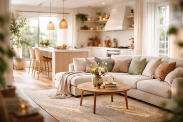 Fototapeta premium Bright living room and cozy kitchen blend with a delicate blurred background for home interiors