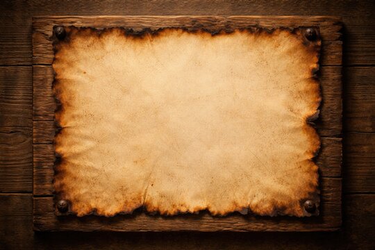 Antique paper with scorched margins secured on natural wooden board showing copy space
