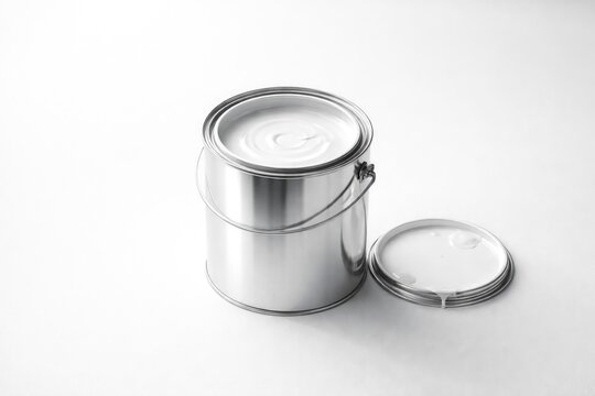 An open silver paint can sitting on a minimalistic white surface with gentle illumination