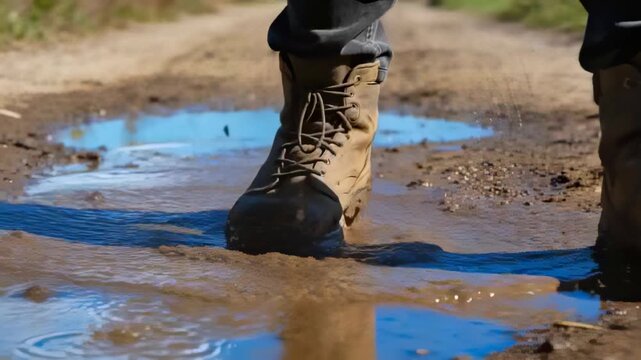 Driving right hiking boot into muddy puddle on rural track after prior step kicking mud, walking