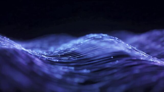 Abstract Blue Light Particles Flowing Through Dark Space With Glowing Trails