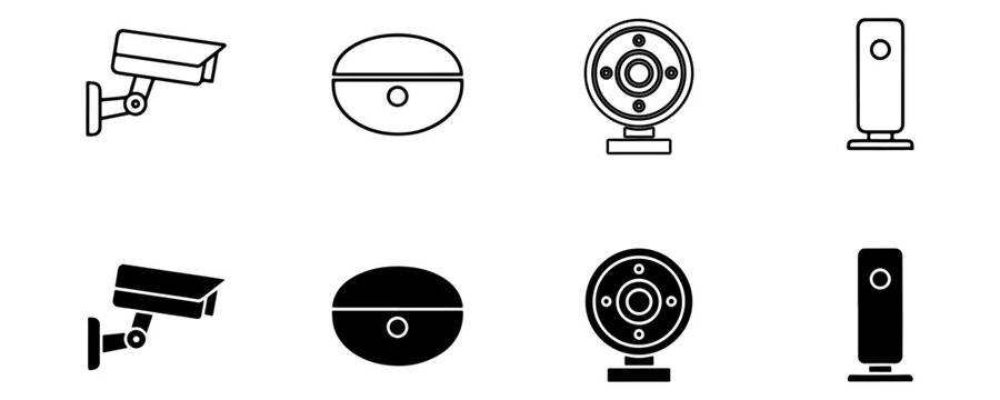 Security camera icon set, 8 surveillance system line and solid icons, CCTV monitoring equipment symbols for home safety and business protection