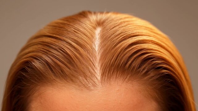 Close-up of ginger hair with visible dandruff on scalp