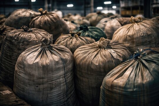 Close up of confiscated large fabric bags with unidentified contents in warehouse setting