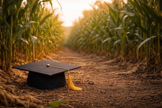 Graduation hat displayed among corn stalks in a farming field with empty area for messaging