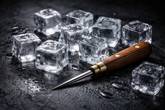 Composition of transparent ice cubes and wooden ice pick resting on a black textured background highlighting ice texture