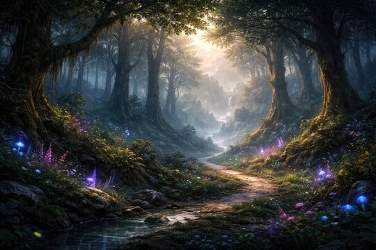 Dreamlike forest landscape with multi layer parallax background and fantasy mood