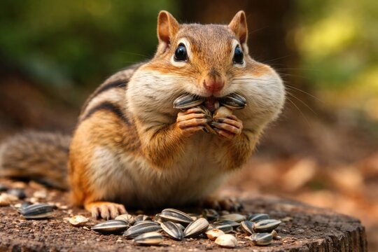 Energetic chipmunk filling its cheeks with seeds outdoors