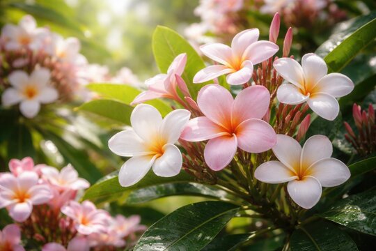 Delicate pink and white Kamboja blossoms flourishing amidst green foliage bathed in natural sunlight