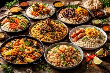 Fototapeta premium Diverse Rice Plates Emphasizing Rice as Fundamental Ingredient with Exclusive Seasonings and Culinary Techniques from International Recipes