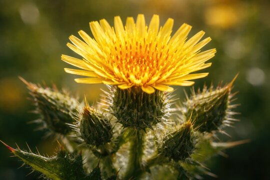 Detailed macro shot of a prickly sow thistle flower head